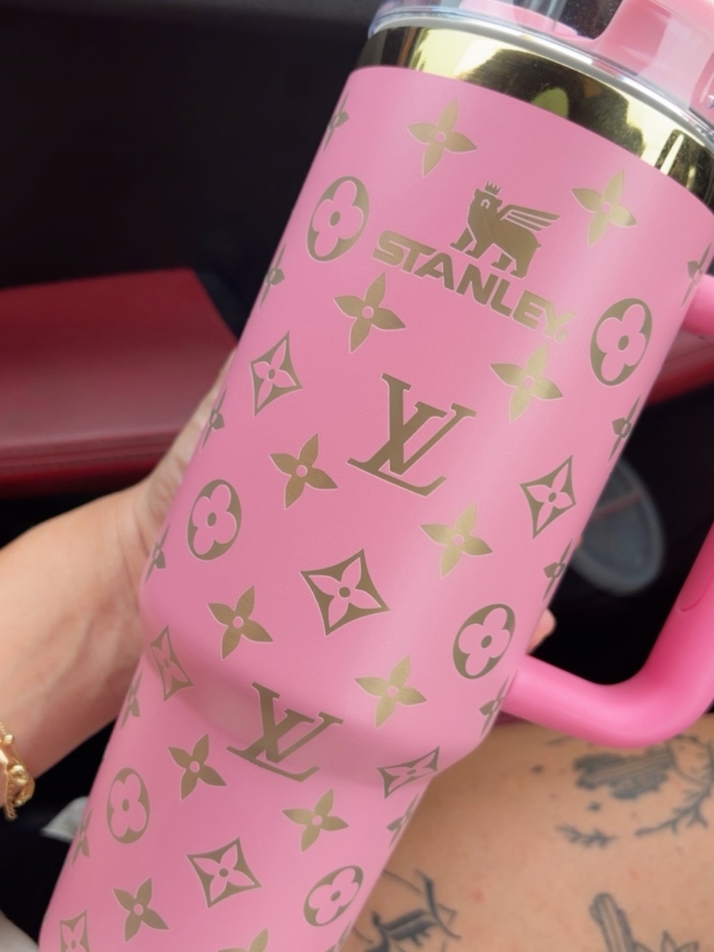 Stanley Pink Travel Tumbler with Gold Monogram Accents
